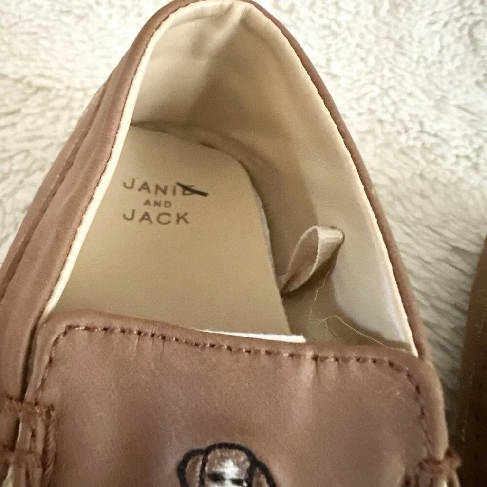 Janie & Jack Infant Brown Leather Moccasins 12-18 Months Embroidered Dog Design